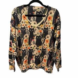 Unbranded Floral Black Cat Print V Neck Sweater Beige Black Multicolor Size XL